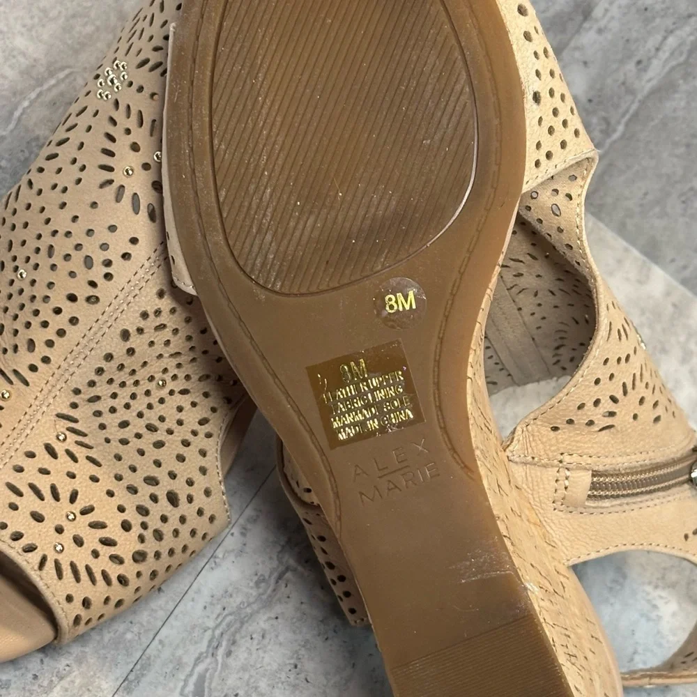 Alex Marie Tan Brown Perforated Leather Studded Zip Wedge Sandals 8M - Picture 12 of 12